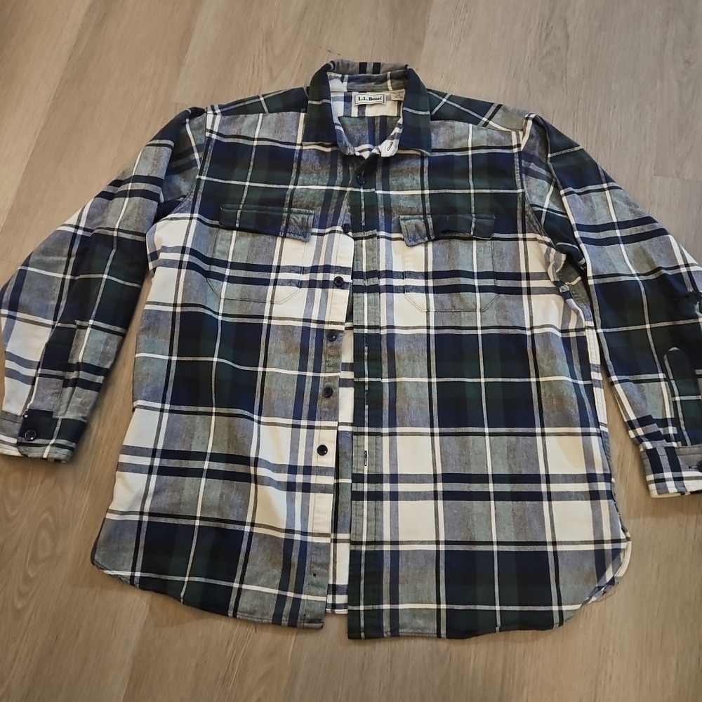 LL Bean Men's Large Long Sleeve Button Down Flannel Plaid Shirt Double Pocket